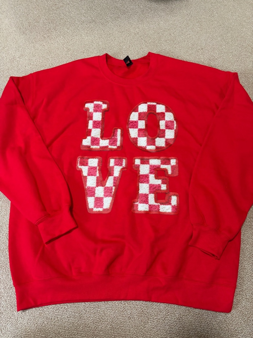 Gildan Red Crewneck Sweater with White Checkerboard LOVE Appliqué